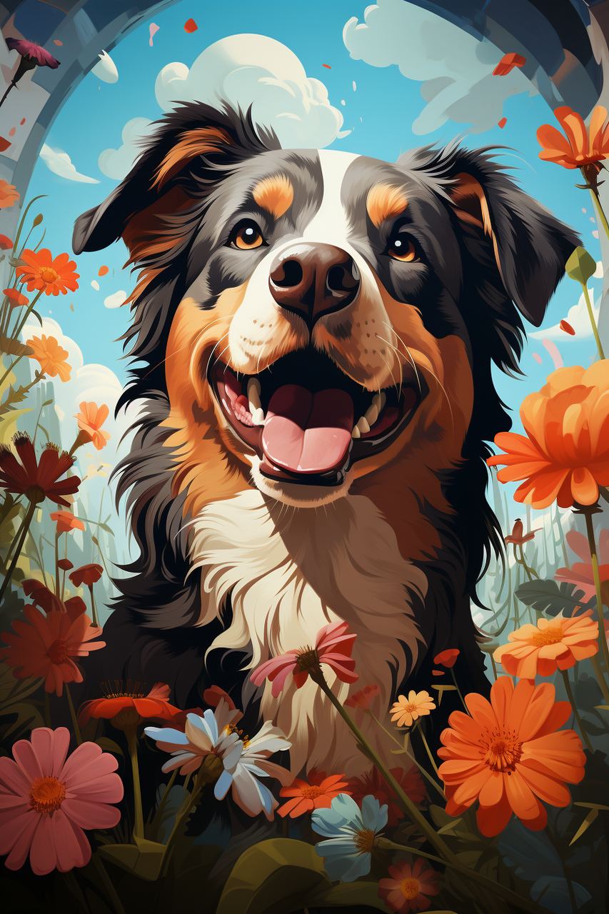 5D Diamond Painting Happy Dog in Flowers Kit - Bonanza Marketplace