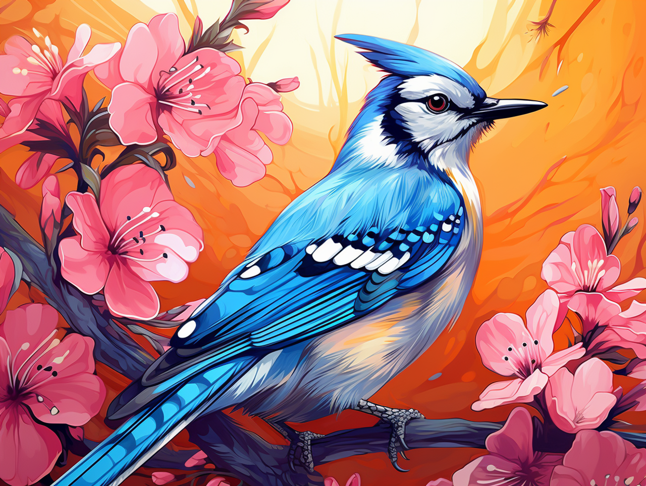 5D Diamond Painting Pink Blossom Blue Jay Kit