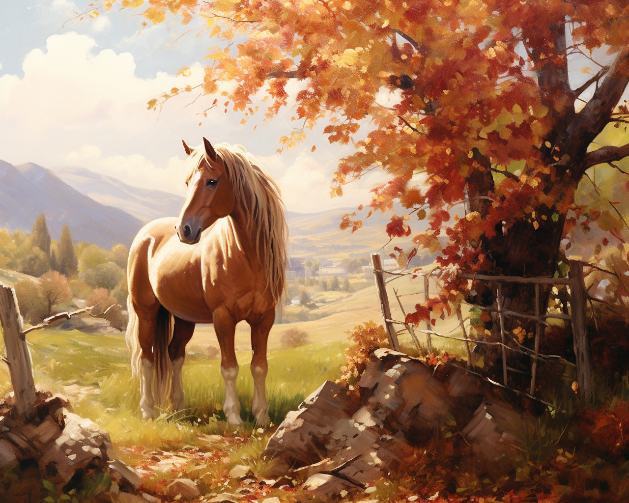 Diamond Painting Horse Under Autumn Tree, Full Image - Painting