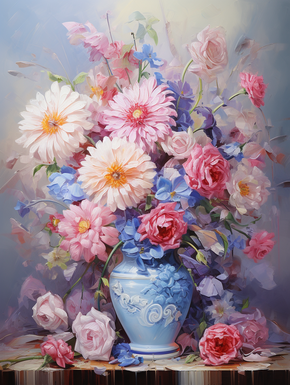 5D Diamond Painting Pink and Blue Flowers in a Blue Vase Kit