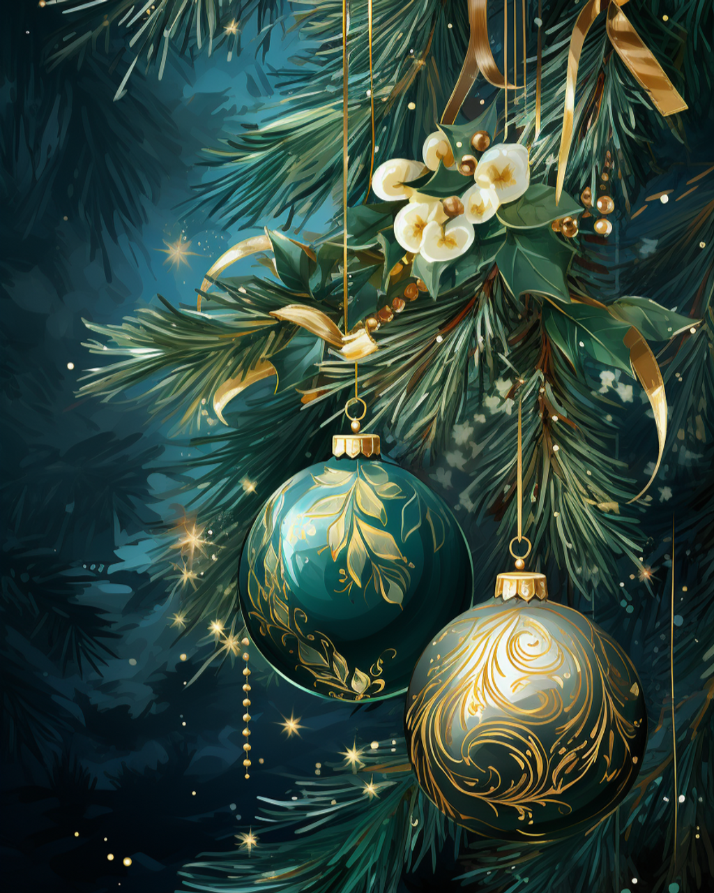 5D Diamond Painting Green and Gold Christmas Ornaments Kit