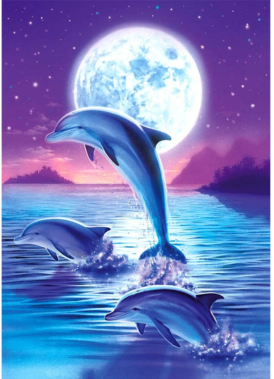 5D Diamond Painting Dolphins by Moonlight Kit - Bonanza Marketplace