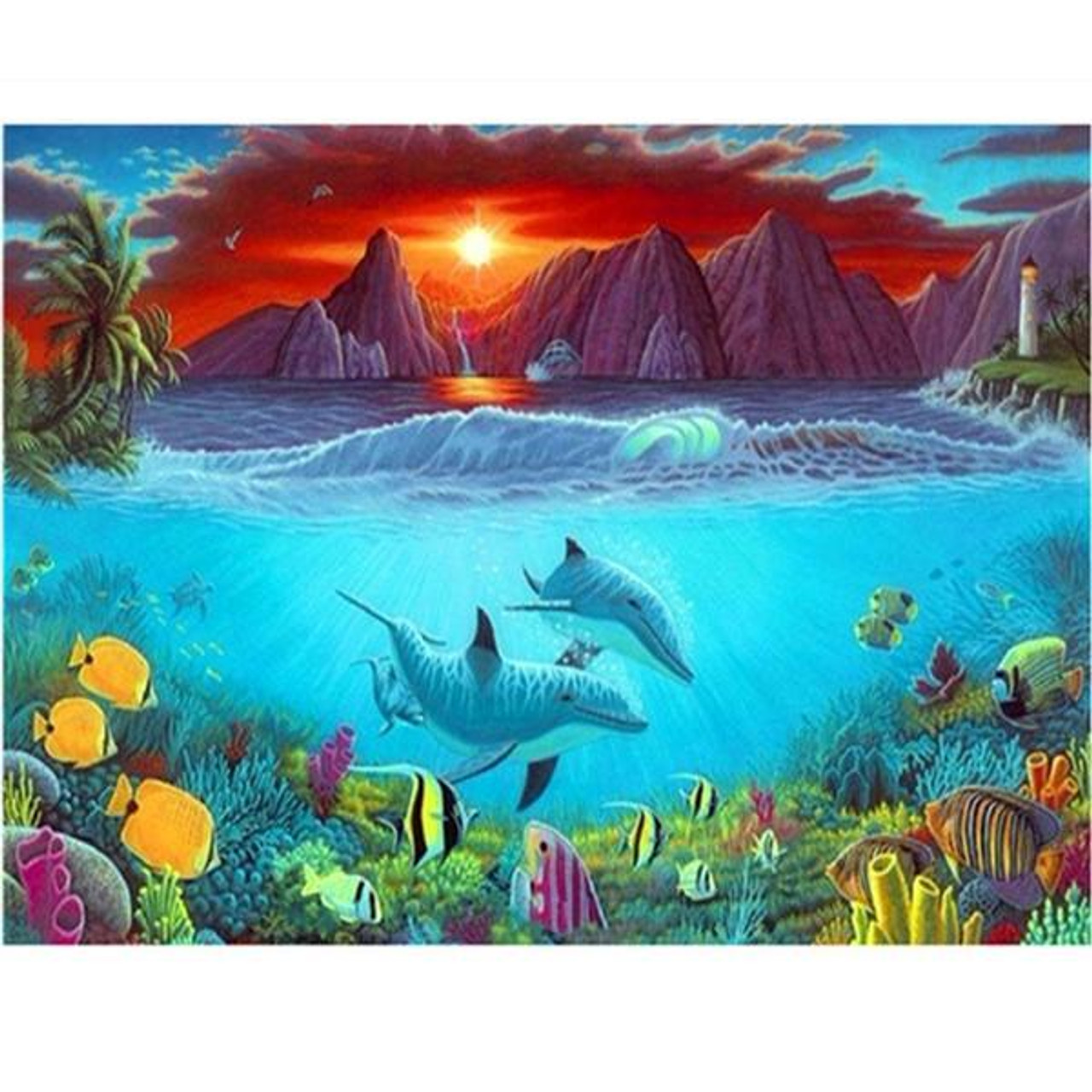 5D Diamond Painting Dolphin Sunset Mountains Kit - Bonanza Marketplace