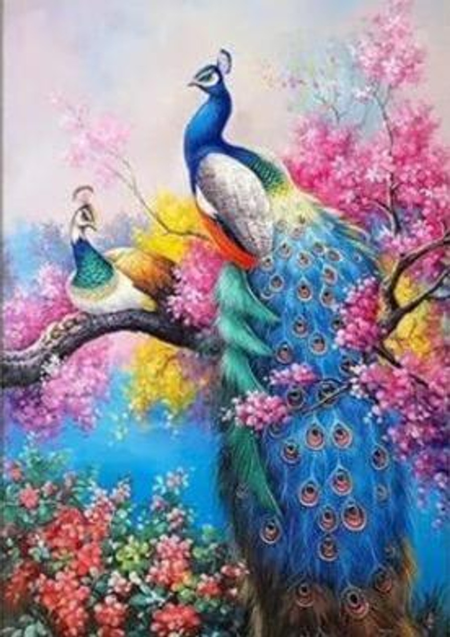 5D Diamond Painting Peacocks in Colorful Flowers Kit - Bonanza Marketplace