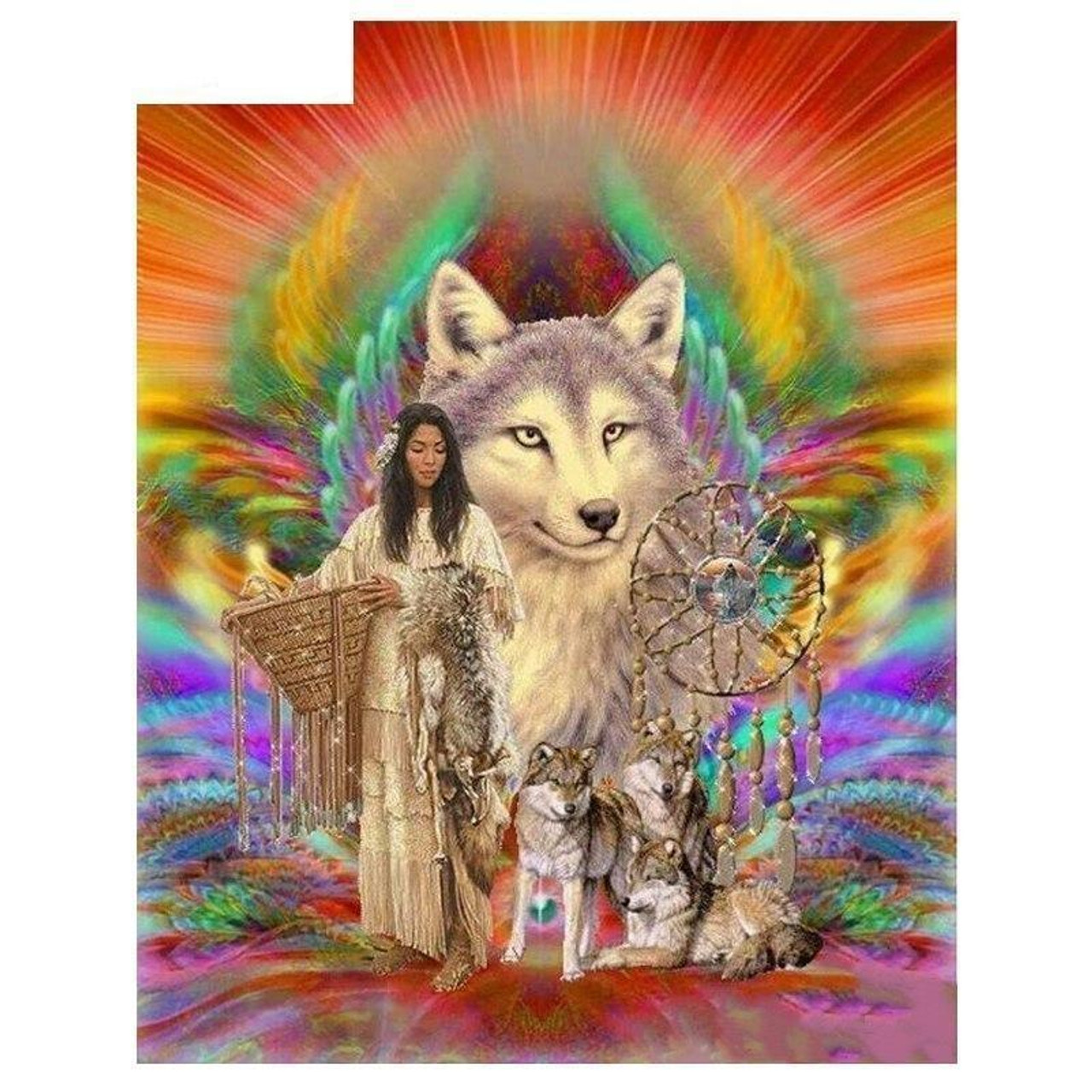 5d Diamond Painting Black And White Wolf And Dream Catcher Full