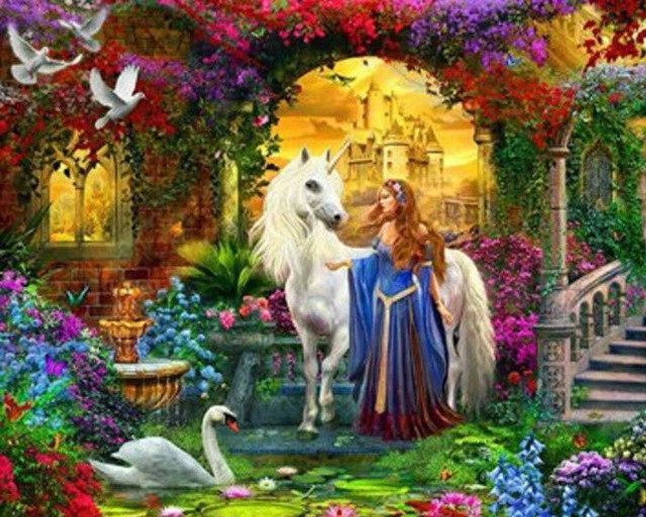 5D Diamond Painting Unicorn, Fairies and Flowers Kit - Bonanza Marketplace