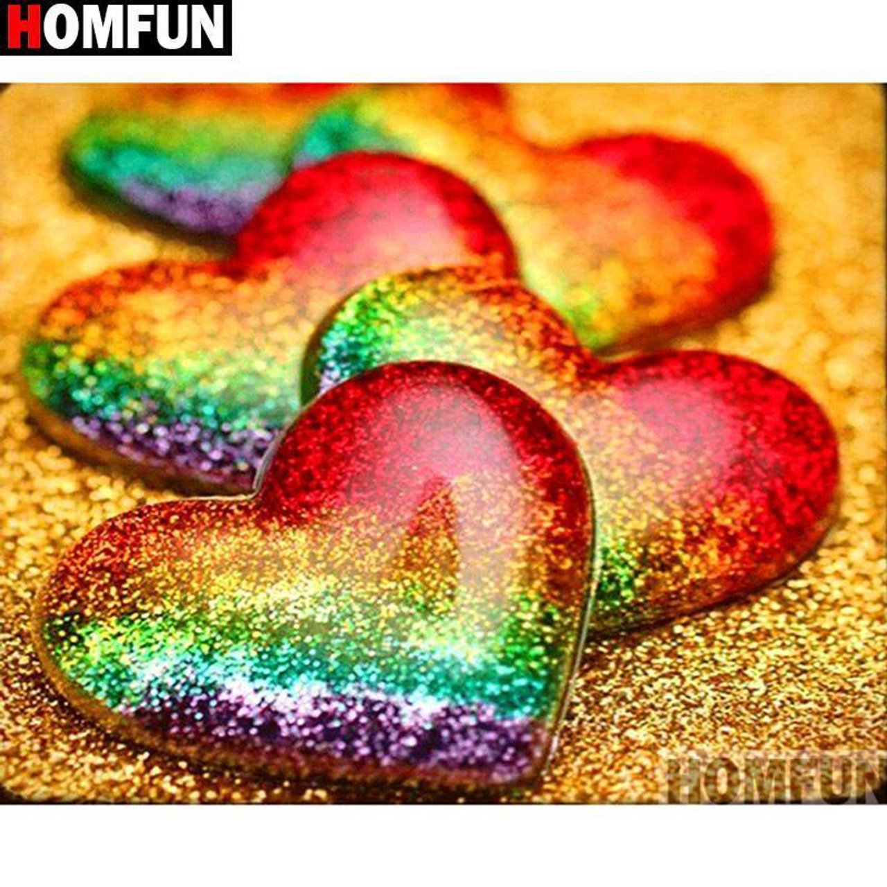5D Diamond Painting Rainbow Hearts on Gold Kit