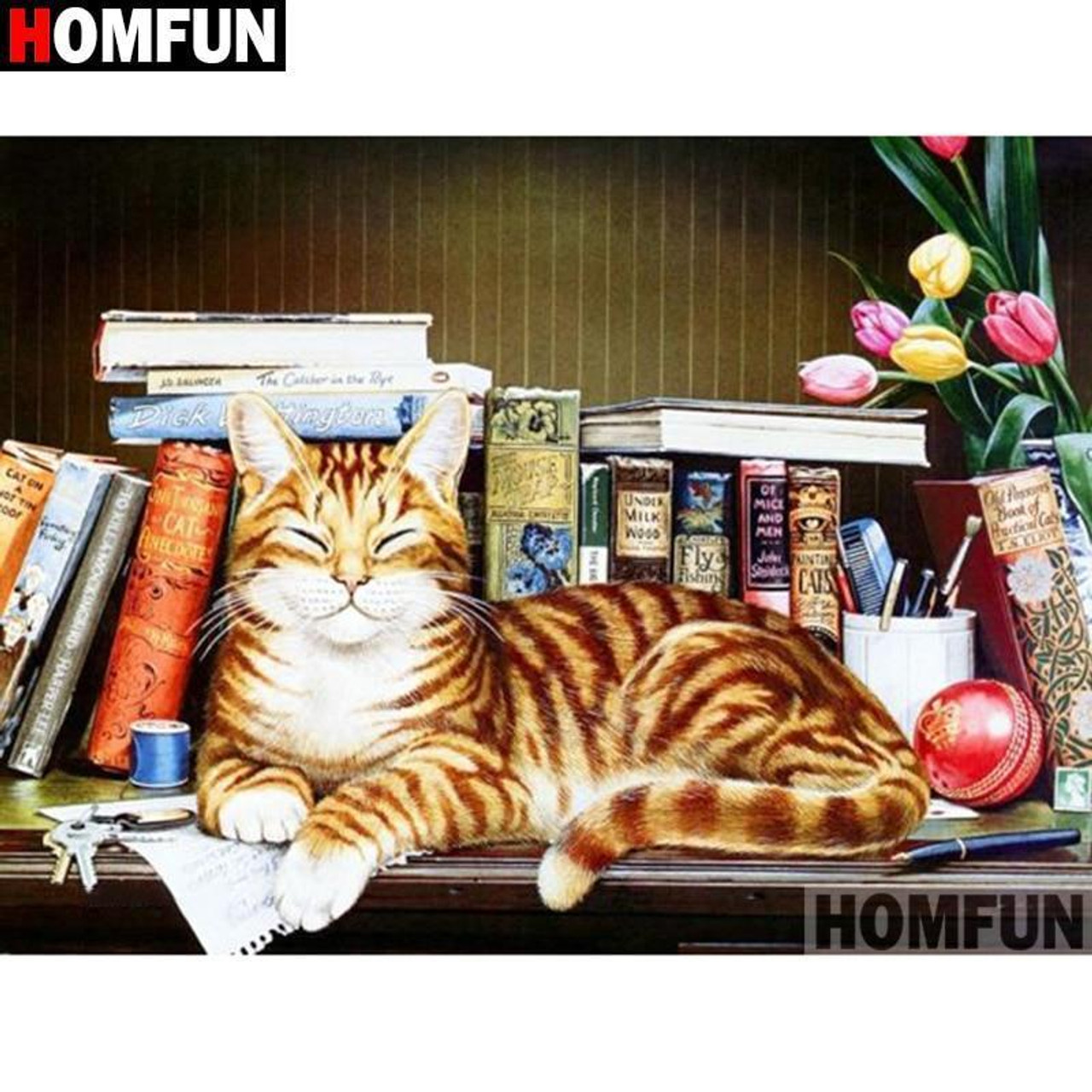 5D Diamond Painting Cat on a Book Shelf Kit