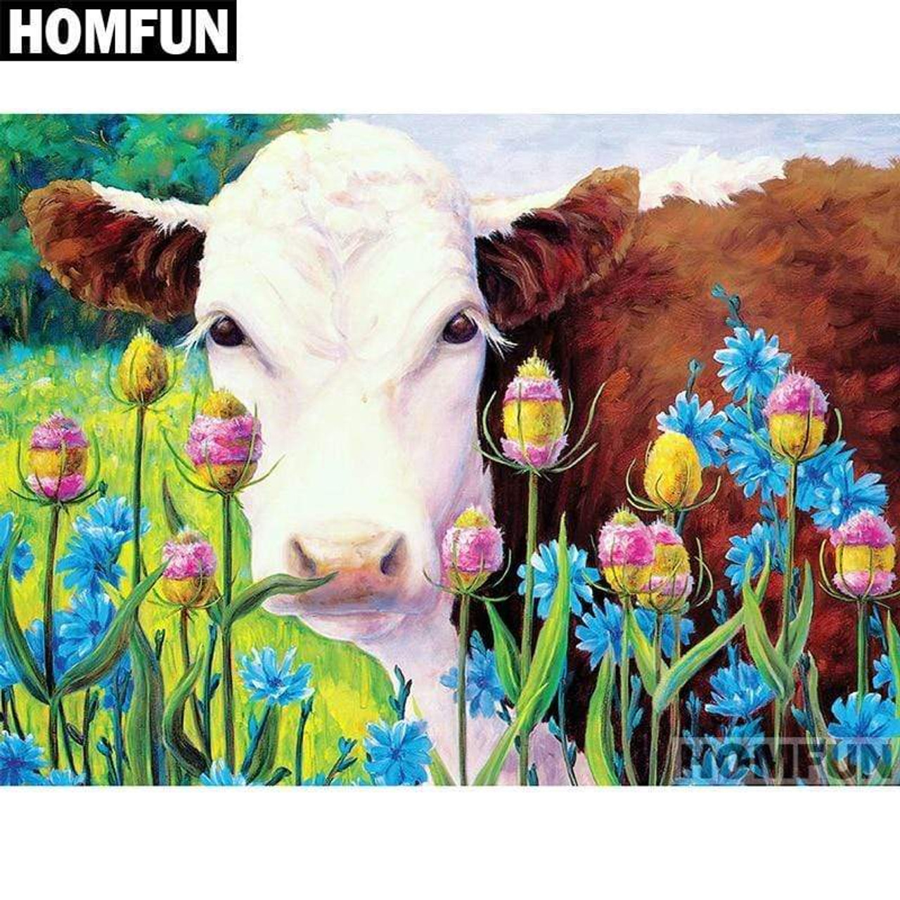 5D Diamond Painting Cow in the Flowers Kit