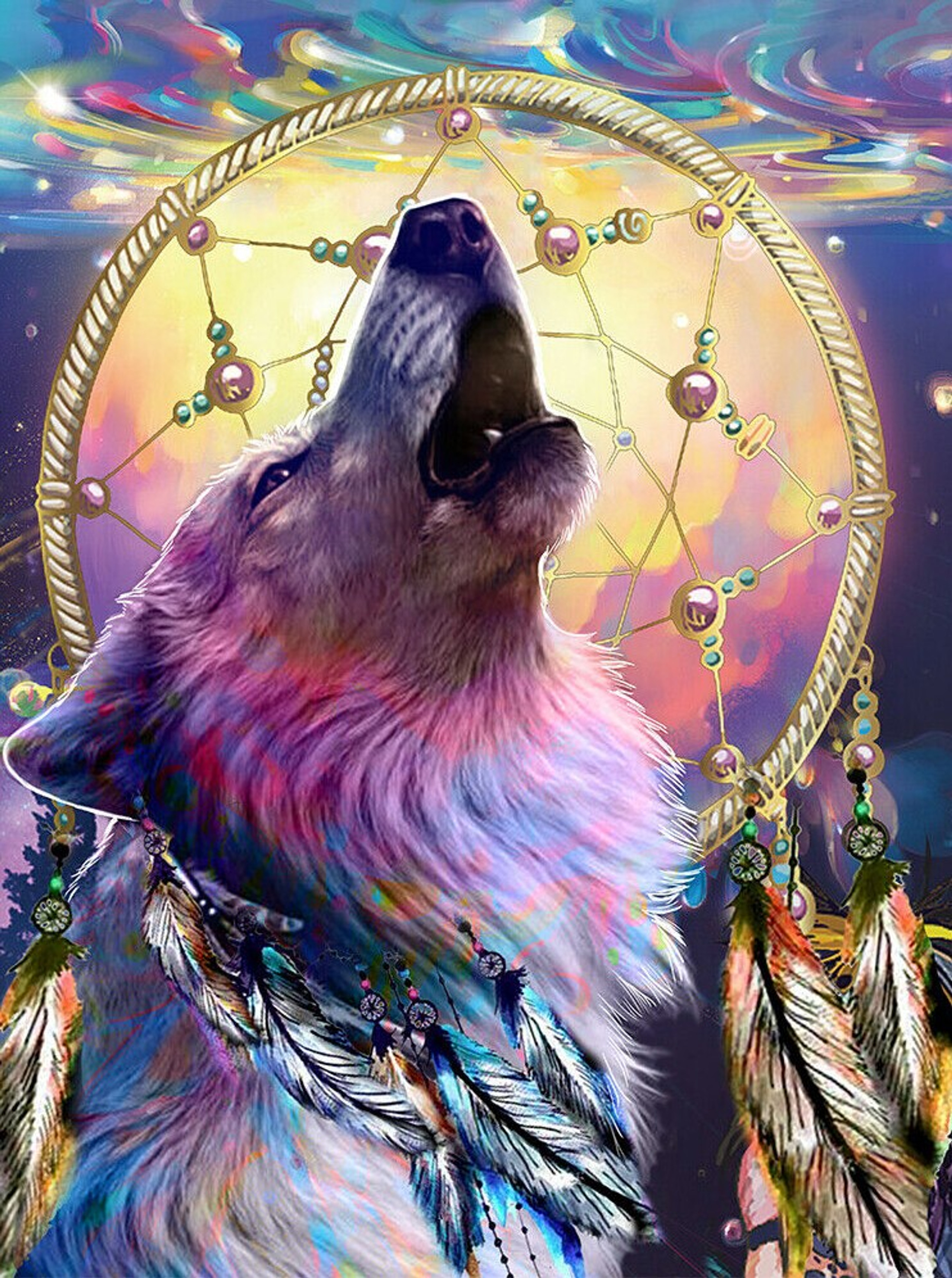 5d Diamond Painting Howling Wolf Dream Catcher Kit - Bonanza Marketplace