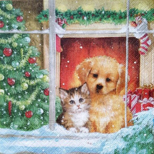 5D Diamond Painting Puppy and Kitten in the Christmas Window Kit