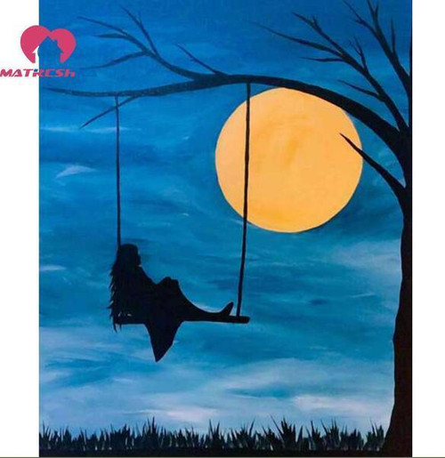 5D Diamond Painting Girl Swinging Moon Silhouette Kit