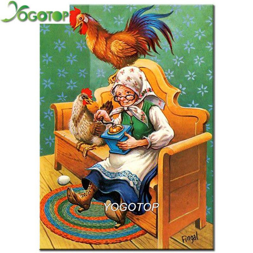 5D Diamond Painting Two Roosters and an Old Woman Kit