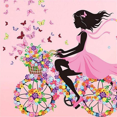 5D Diamond Painting Pink Dress Girl on a Flower Bike Kit
