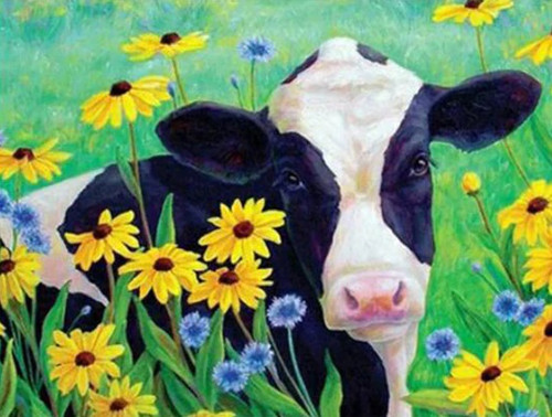 5D Diamond Painting Yellow & Blue Flower Cow Kit