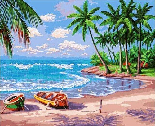 5D Diamond Painting Two Canoes on the Beach Kit