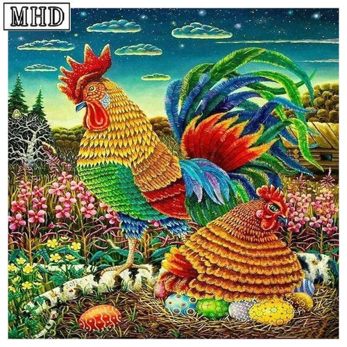 5D Diamond Painting Abstract Colorful Rooster & Hen Kit