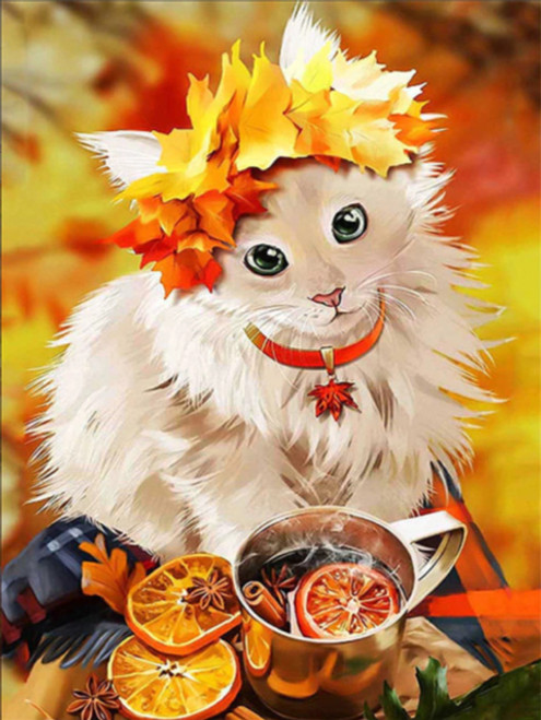 5D Diamond Painting Fall Leaf Crowned Cat Kit