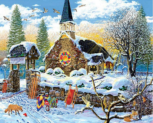 5D Diamond Painting Snow Sleds By the Church Kit