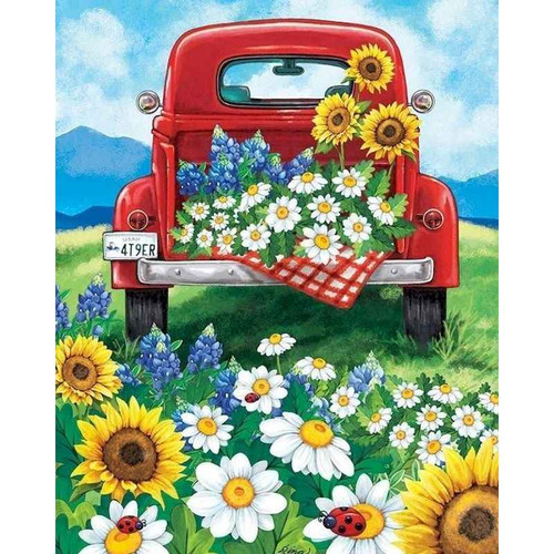 5D Diamond Painting Red Truck With Flowers Kit