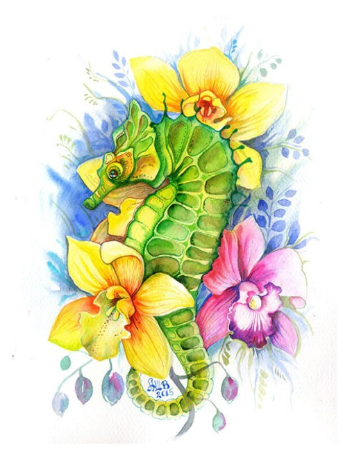 5D Diamond Painting Abstract Green Sea Horse and Flowers Kit