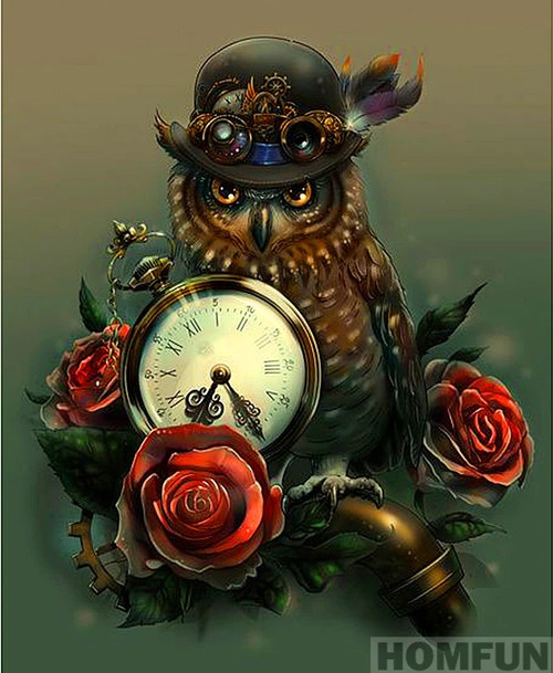 5D Diamond Painting Steam Punk Owl and Roses Kit
