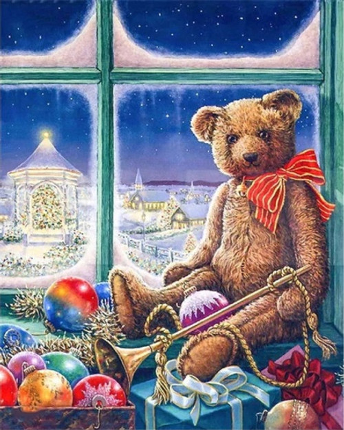 5D Diamond Painting Teddy Bear and Trumpet Christmas Window Kit