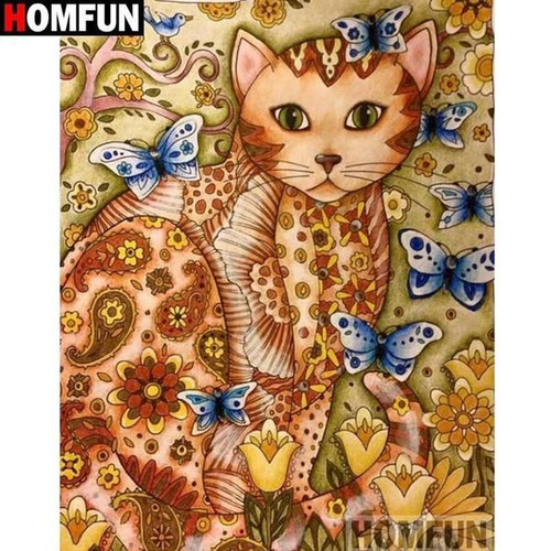 5D Diamond Painting Abstract Cat & Blue Butterflies Kit