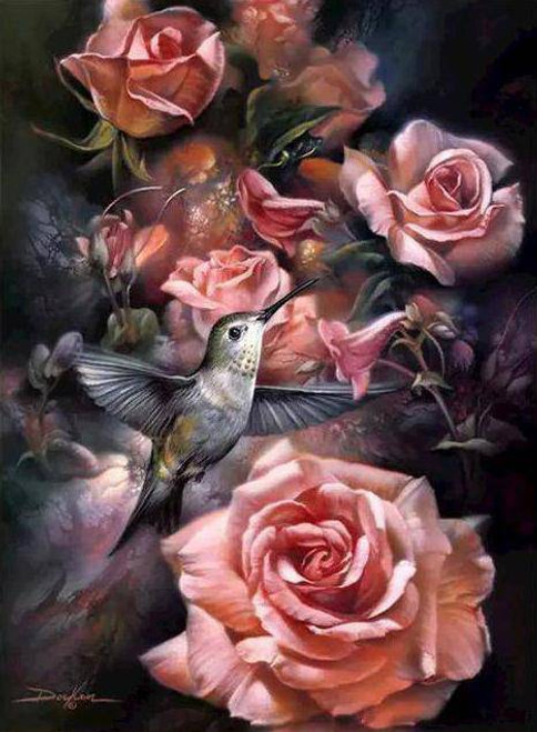 5D Diamond Painting Hummingbird Pink Roses Kit