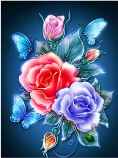 5D Diamond Painting Three Blue Butterflies and Roses Kit