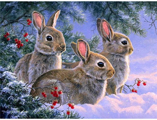 5D Diamond Painting Three Rabbits in the Snow Kit