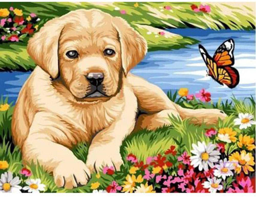 5D Diamond Painting Puppy and Monarch Butterfly Kit