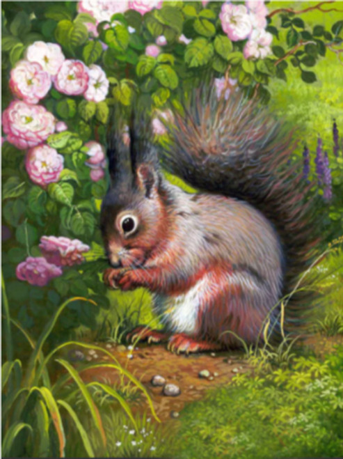 5D Diamond Painting Squirrel and Pink Flowers Kit