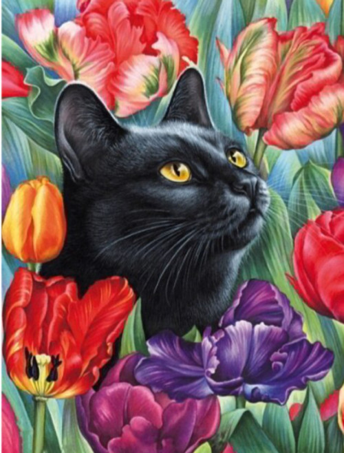 5D Diamond Painting Black Cat in the Tulips Kit