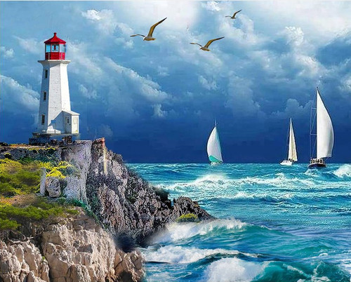 5D Diamond Painting White Lighthouse Sailboats Kit