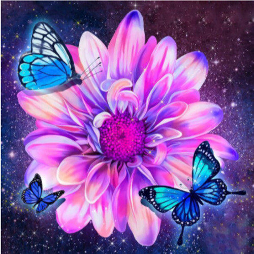 5D Diamond Painting Pink Flower Blue Butterflies Kit