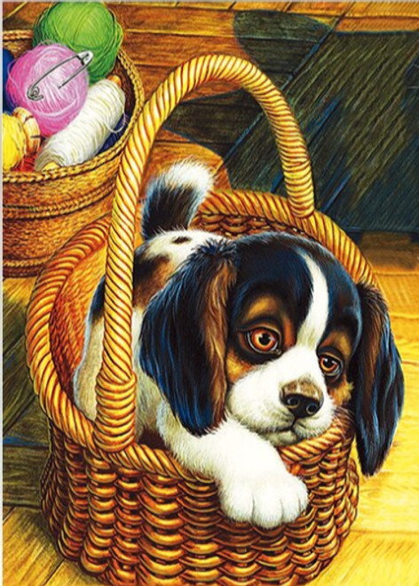 5D Diamond Painting Puppy in a Brown Basket Kit