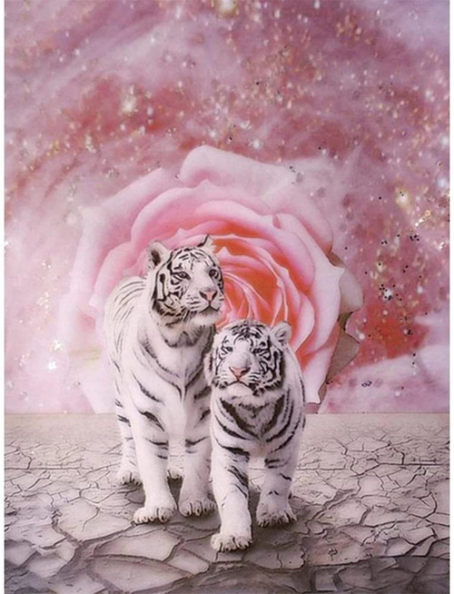 5D Diamond Painting Pink Rose White Tigers Kit