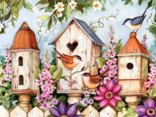 5D Diamond Painting Three Bird Houses and Flowers Kit