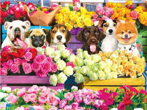 5D Diamond Painting Puppies Behind the Flowers Kit