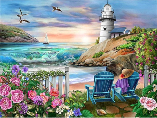 5D Diamond Painting Two Chairs by the Lighthouse Kit