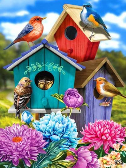 5D Diamond Painting Three Colorful Bird Houses Kit