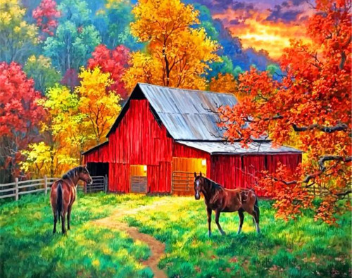 5D Diamond Painting Two Horse Red Barn Kit