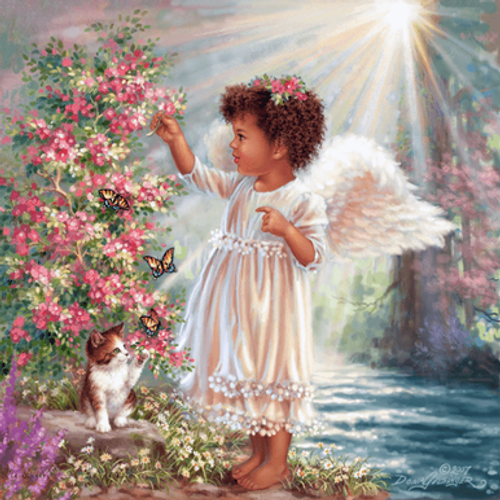 5D Diamond Painting Little Angel Pink Flowers and Kitten Kit