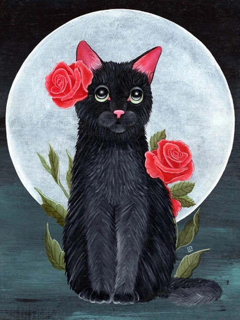 5D Diamond Painting Black Cat and Roses Kit