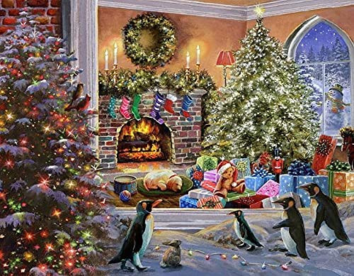 5D Diamond Painting Penguins Outside the Christmas Window Kit