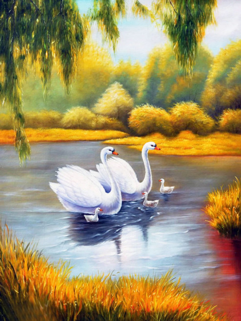 5D Diamond Painting Two Swans & Cygnets Kit