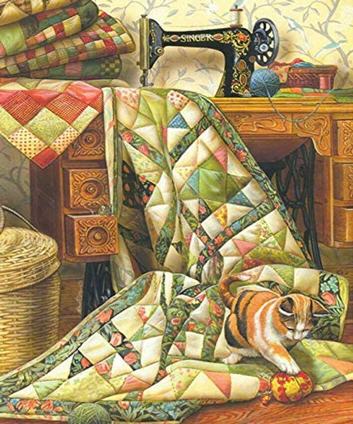 5D Diamond Painting Green Quilt and Striped Cat Kit