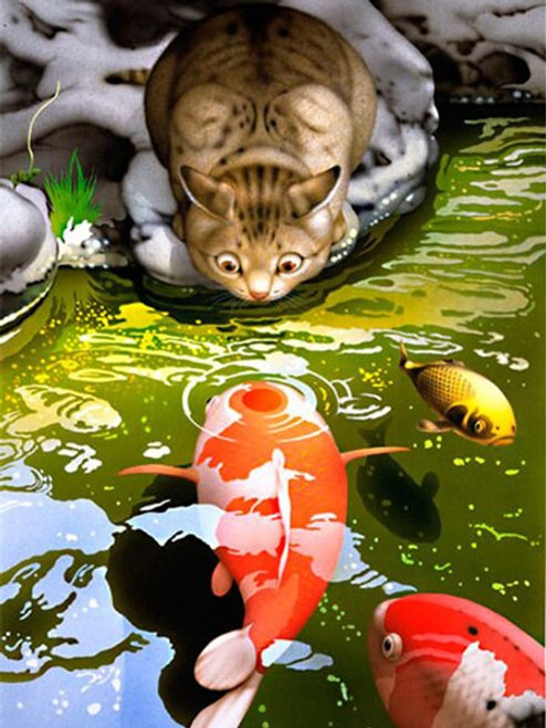 5D Diamond Painting Cat and Koi Pond Kit