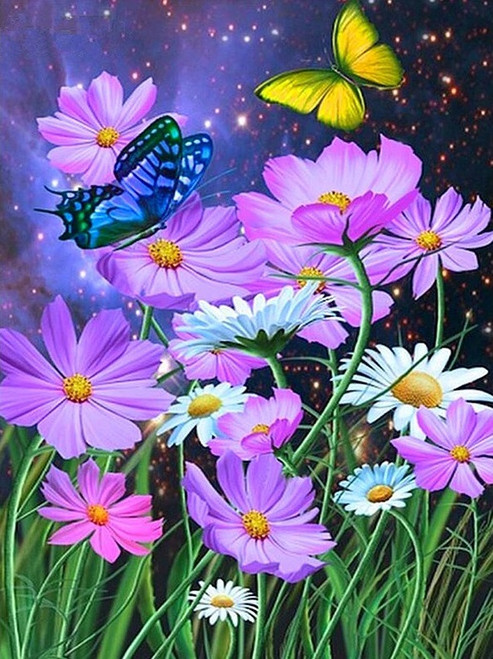 5D Diamond Painting Blue Butterfly and Purple Flowers Kit
